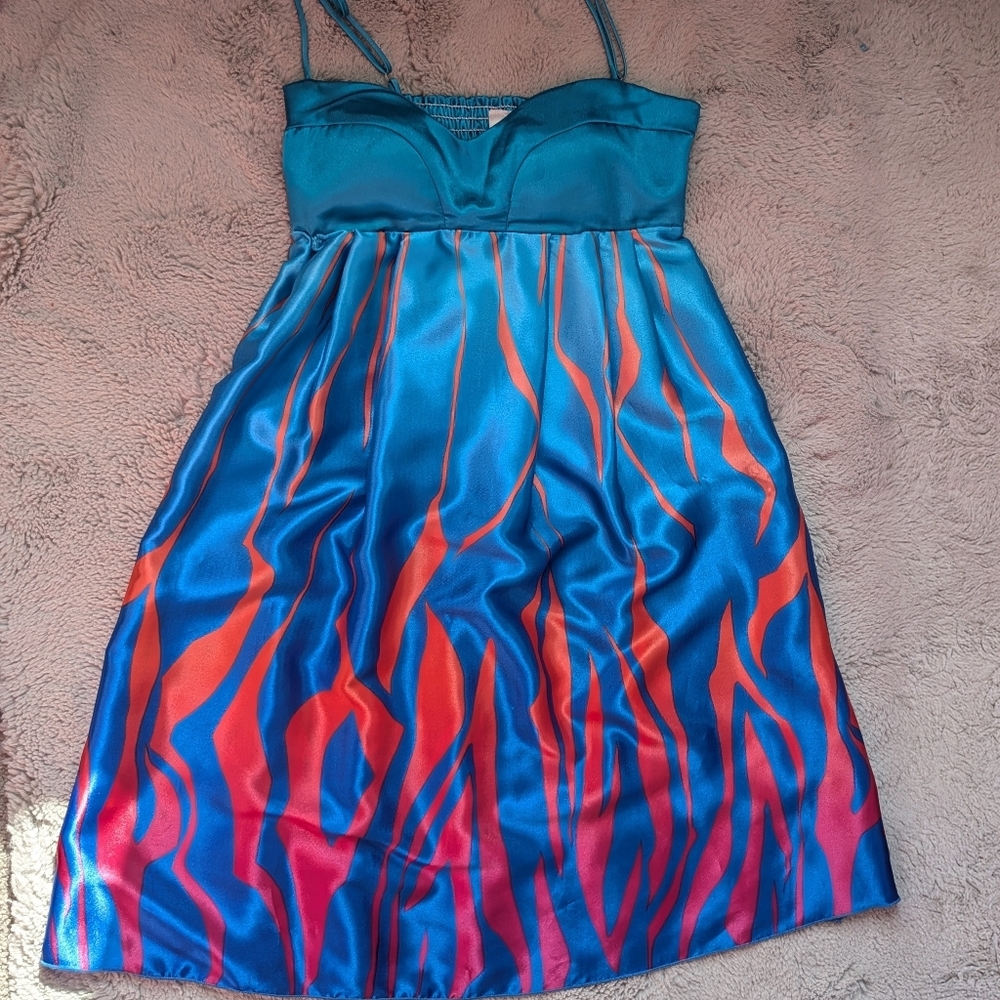 Early 2010s Turquoise Flame Satin Empire Waist Dress